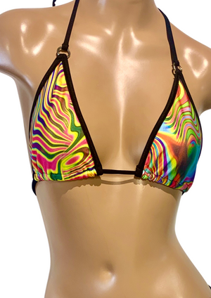 Acid Swirl Triangle Bikini Top with Rings and Black Trim