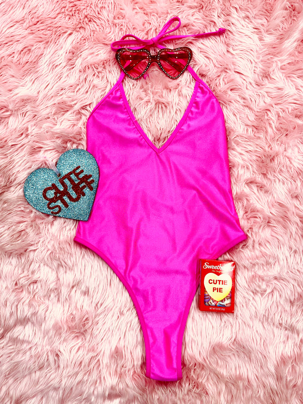 Sugarpuss HIGHCUT SWEETHEART BODYSUIT, Neon Pink Plush Velvet