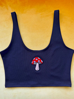Crop Tank with Mushroom Patch in Black
