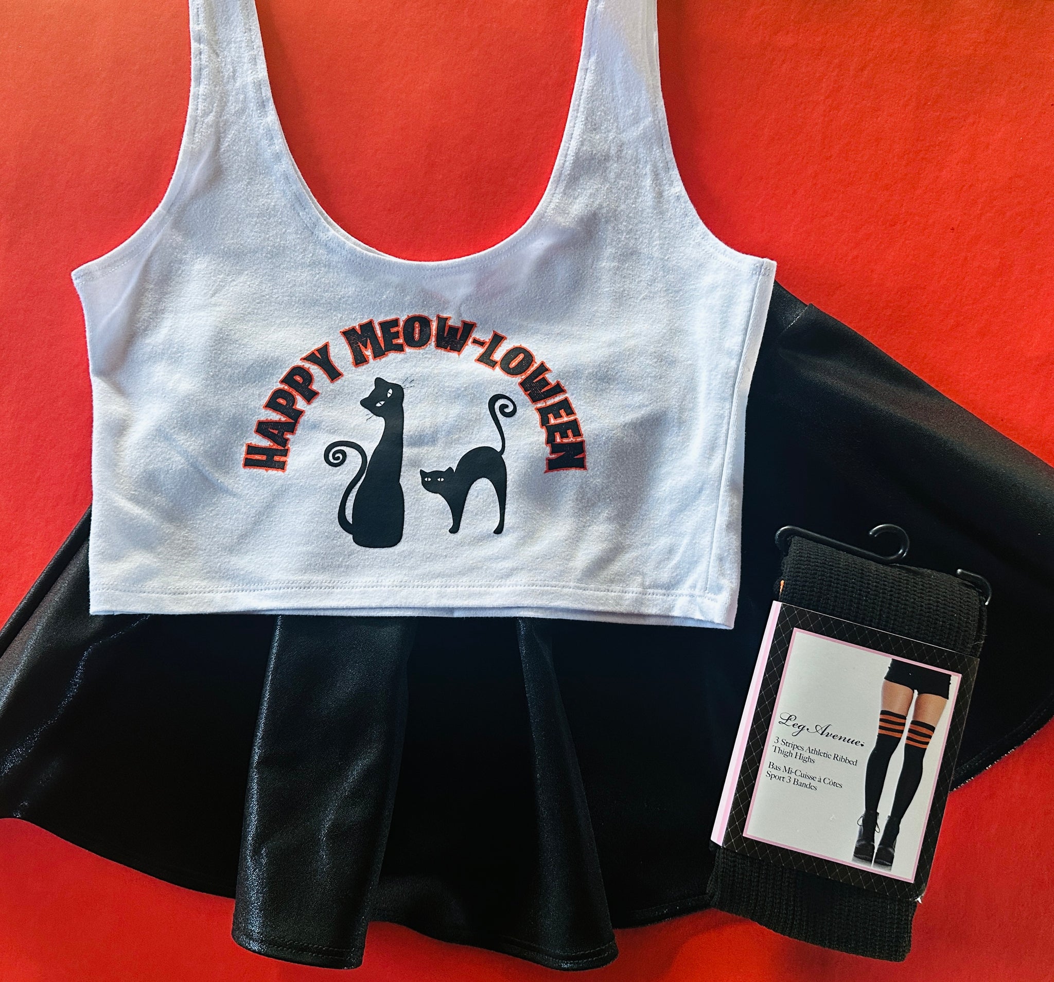 Meow-loween Set with Crop Tank in White and Mini Circle Skirt