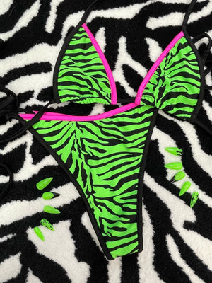 Bikini with Triangle Top and Tie-Side Thong in Lime Green Zebra