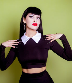 Gothic Darling Long Sleeve Crop Top with White Collar