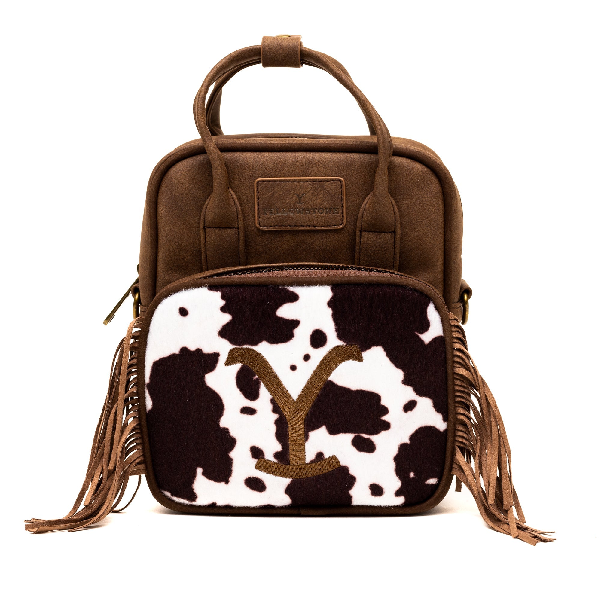 Yellowstone Dutton Ranch Cowboy Cross Body Bag in Brown Cowhide and Distressed Brown Vegan Leather