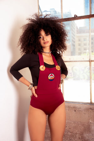 Pin Up Overalls in Burgundy with Retro Patch
