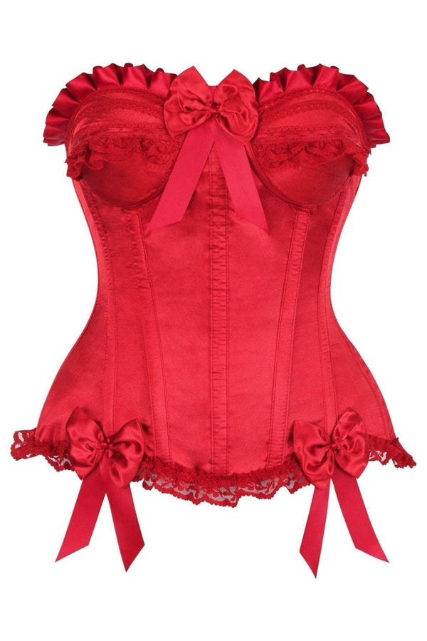 Top Drawer Dark Red Satin Steel Boned Burlesque Corset - The