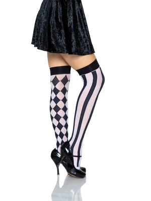Harlequin Thigh High Stockings in Black and White