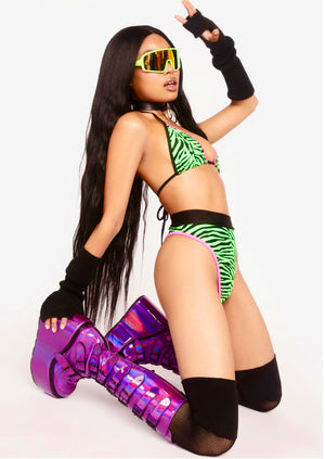 Bikini with Triangle Top and Highcut Thongback Bottom in Lime Green Zebra