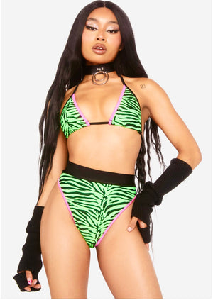 Bikini with Triangle Top and Highcut Thongback Bottom in Lime Green Zebra