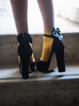 Anklet Socks with Satin Bows in Yellow and Black