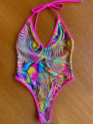 Acid Swirl High Cut Halter Onepiece Thong Swimsuit