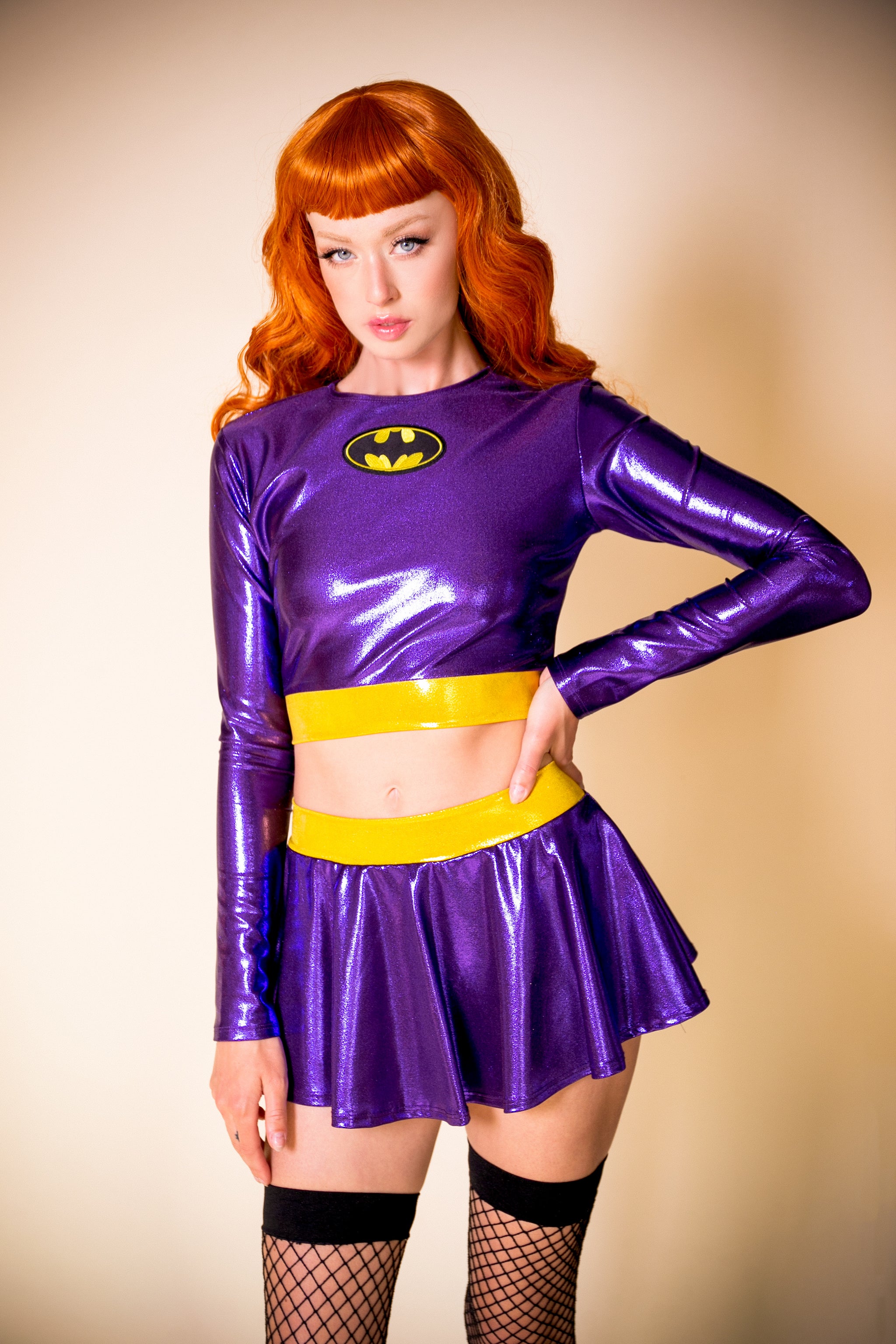 Purple Bat Hero Costume Set with Long Sleeve Top and Mini Skirt