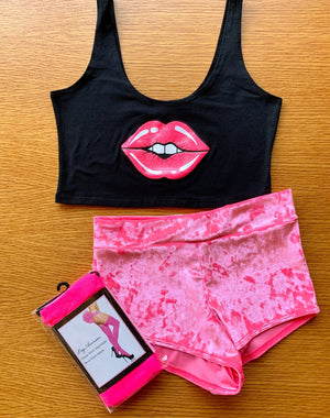 Lips Crop Tank in Black with Neon Pink Lips