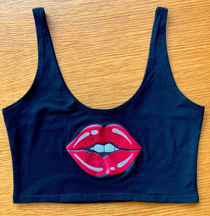 Lips Crop Tank in Black with Red Lips