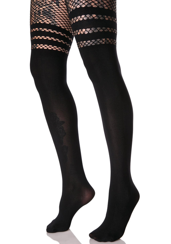 Faux Thigh High Stockings with Fishnet in Black - The Sugarpuss
