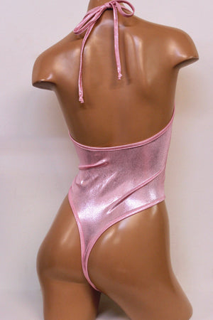 Hologram High Cut Halter Bodysuit in Baby Pink