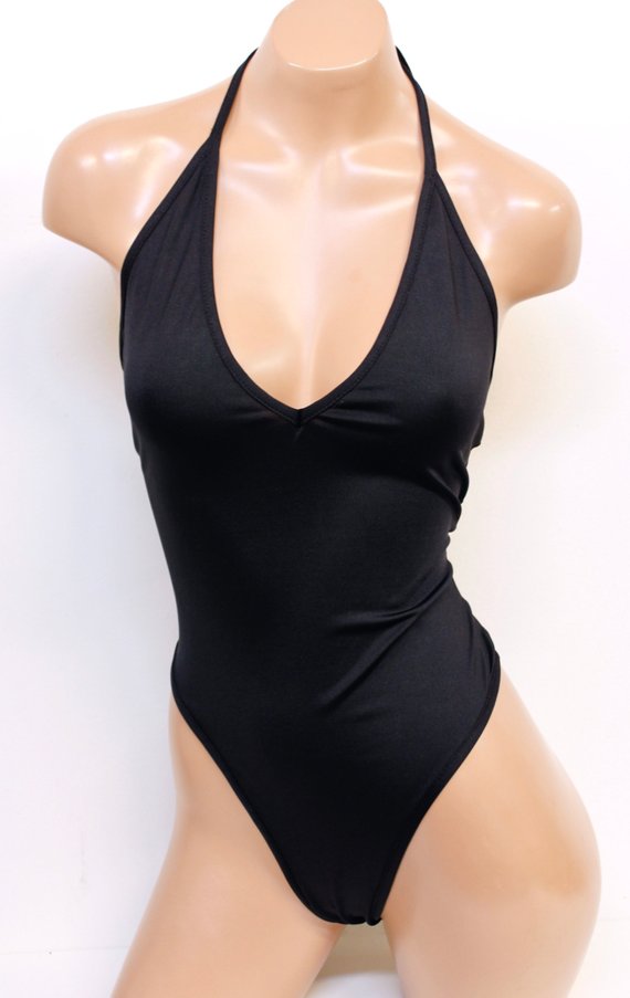 Lycra High Cut Halter Bodysuit in Black - The Sugarpuss Collection