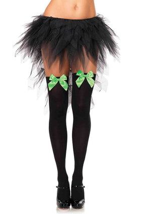 Opaque Bow Thigh High Stockings in Black with Neon Green Bows