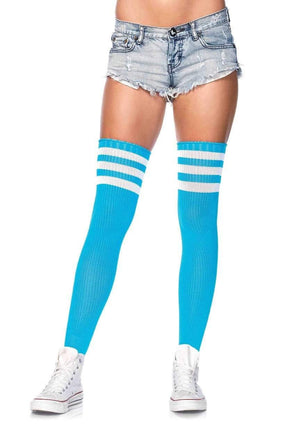 Athletic Thigh High Striped Tube Socks in Neon Blue and White