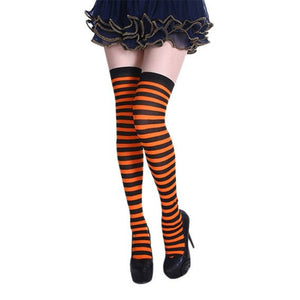 Opaque Stripe Thigh High Stockings in Black and Orange