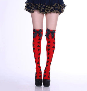 Thigh High Socks in Red and Black with Black Satin Bows