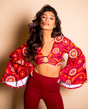 Disco Ring Top with Flare Sleeves in Red Retro Flowers