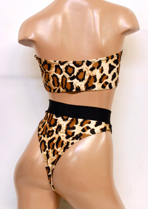 Leopard Bikini Set with Ring Bandeau Top and Highcut Thong Bottoms