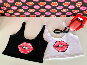 Lips Crop Tank in White with Neon Pink Lips