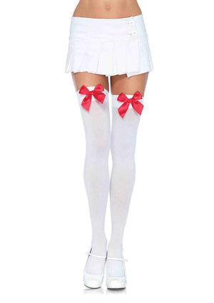 Opaque Bow Thigh High Stockings in White with Red Bows