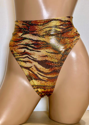 Hologram Highcut Thongback Bikini Bottoms in Gold Tiger