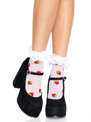 Strawberry Polka Dot Ruffle Anklet Socks in White