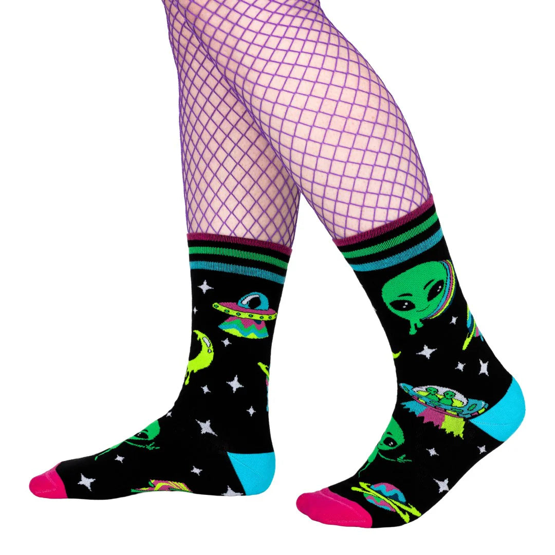 Spaced Out Alien UV Reactive Crew Socks