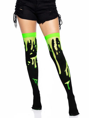 Splatter Over The Knee Socks in Black and Neon Green