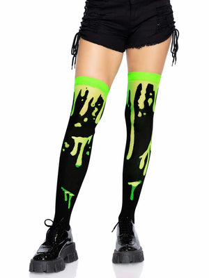 Splatter Over The Knee Socks in Black and Neon Green