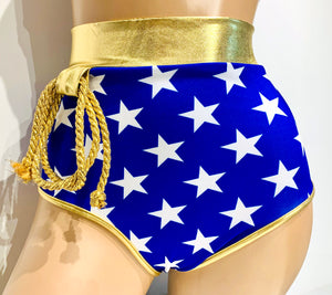 Star Superheroine Classic Bottoms in Metallic Stars with Gold Trim