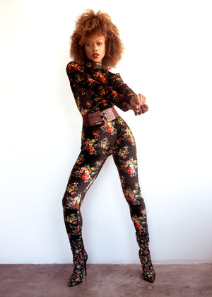 Mona Lisa Vito Floral Velvet Catsuit with Open Back