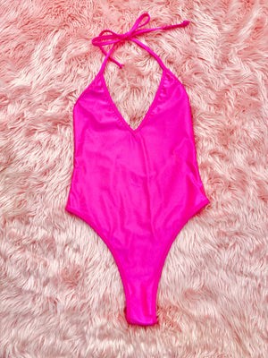 Lycra High Cut Halter Bodysuit in Neon Pink