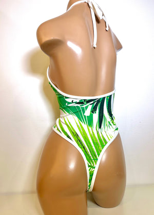 High Cut Halter Bodysuit in White Palm Leaf