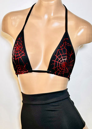 Triangle Bikini Top in Spiderweb Mesh with Red Metallic