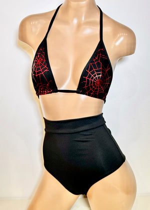 Triangle Bikini Top in Spiderweb Mesh with Red Metallic