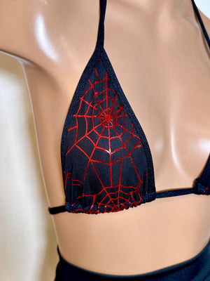 Triangle Bikini Top in Spiderweb Mesh with Red Metallic