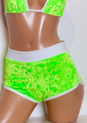 Highwaist Jogger Shorts in Neon Green Crushed Velvet