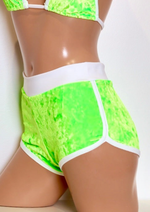 Highwaist Jogger Shorts in Neon Green Crushed Velvet