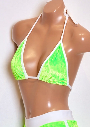 Sporty Triangle Bikini Top in Neon Green Crushed Velvet