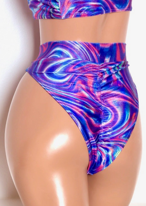 Hologram Highcut Scrunchback Bikini Bottoms in Blue Swirl