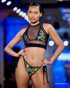 Bikini with Triangle Top and Tie-Side Thong in Green Croc Hologram