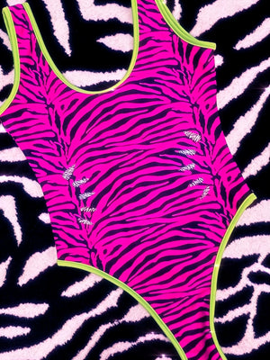 Highcut Onepiece Thong Swimsuit in Hot Pink Zebra with Neon Green Trim