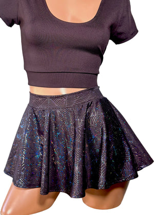 Halloween Mini Circle Skirt in Black Hologram Spiderweb