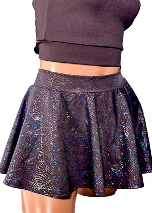 Halloween Mini Circle Skirt in Black Hologram Spiderweb