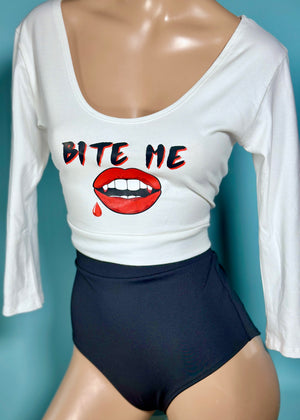 Bite Me Scoopneck Crop Tee with 3/4 Sleeves in White
