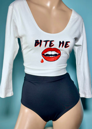 Bite Me Scoopneck Crop Tee with 3/4 Sleeves in White